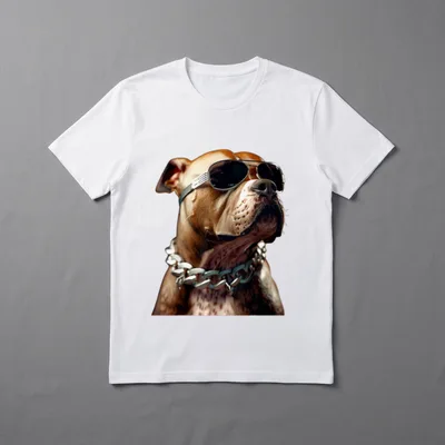 Pitbull T-Shirt Design – Brauner Pitbull mit Aviator-Sonnenbrille und silberner Gliederkette – Klassisches T-Shirt in Schwarz