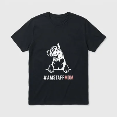 Amstaff Mama für Frauen T-Shirt – Weißer Amstaff Skizze mit rosa-weißem #AMSTAFFMOM Text – Klassisches T-Shirt in Schwarz