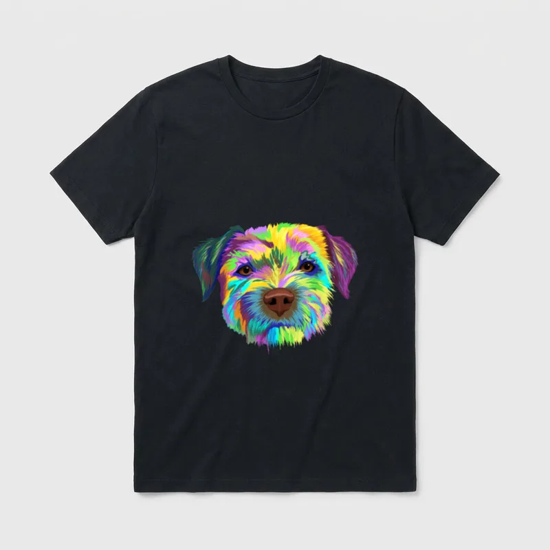 Splash Hund Border Terrier T-Shirt – Regenbogenfarbener Border Terrier Kopf im Pop-Art Stil – Klassisches T-Shirt in Schwarz
