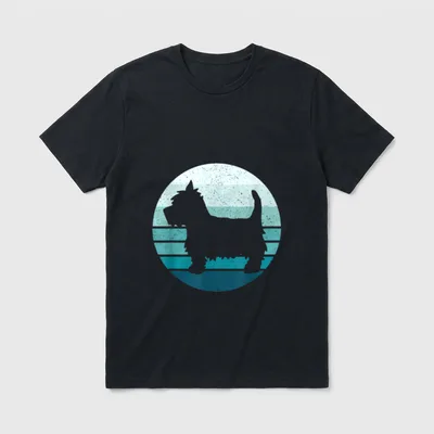 West Highland Terrier Westie T-Shirt – Retro Westie Silhouette vor blau gestreiftem Kreis – Klassisches T-Shirt in Schwarz