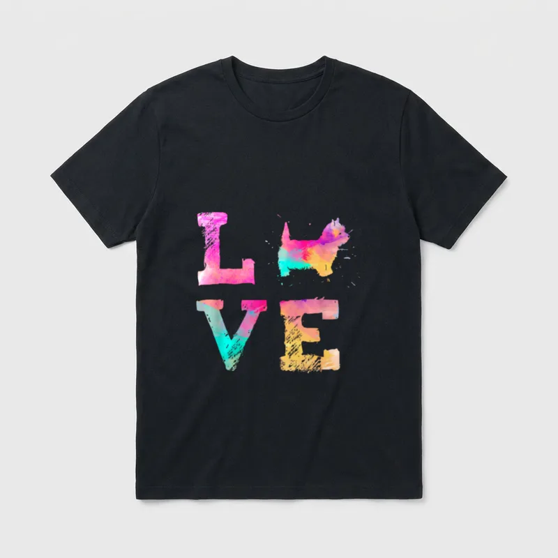 Bunte West Highland White T-Shirt – Bunte Wasserfarbe Schrift LOVE mit Hundesilhouette als O – Klassisches T-Shirt in Schwarz