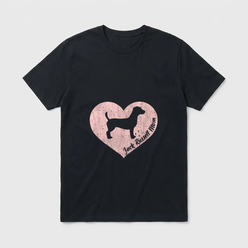 Jack Russel Terrier Mama T-Shirt – Rosa Herz mit Jack Russell Mom Text und Hundesilhouette – Klassisches T-Shirt in Schwarz