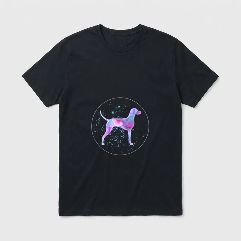 Weimaraner T-Shirt 0032 – Wasserfarbener Weimaraner in Pink und Blau innerhalb eines Kreises – Klassisches T-Shirt in Schwarz