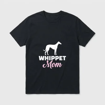 Whippet Mama T-Shirt – Weiß-pinkes Logo mit Whippet-Silhouette und Schriftzug – Klassisches T-Shirt in Schwarz