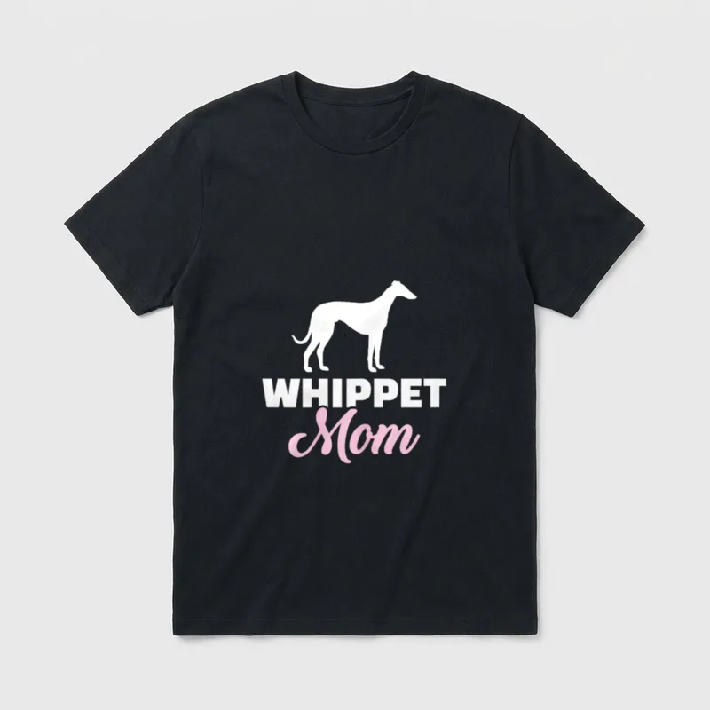 Whippet Mama T-Shirt – Weiß-pinkes Logo mit Whippet-Silhouette und Schriftzug – Klassisches T-Shirt in Schwarz