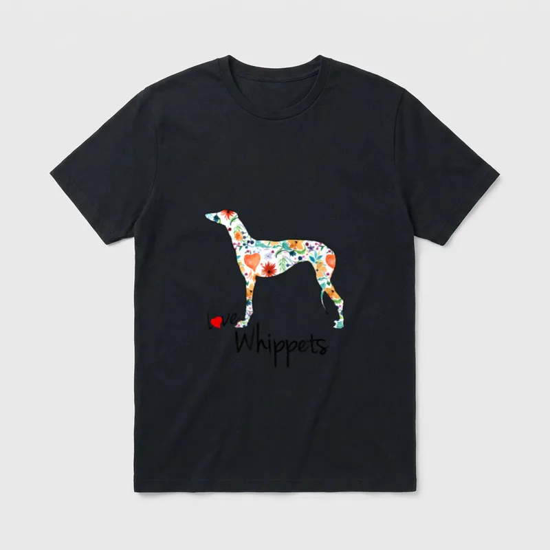 Love Whippets T-Shirt – Florale Whippet-Silhouette mit Herz und Schriftzug Love Whippets – Klassisches T-Shirt in Schwarz