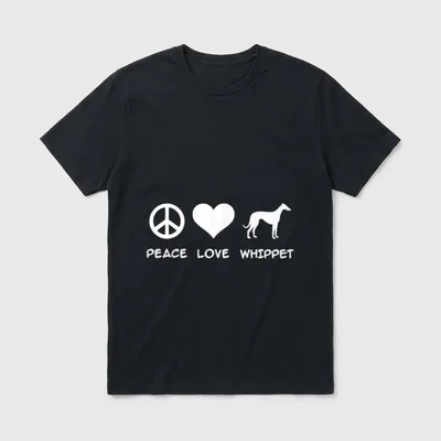Peace Love Whippet T-Shirt – Weißes Peace-Symbol, Herz und Whippet-Silhouette mit Text – Klassisches T-Shirt in Schwarz