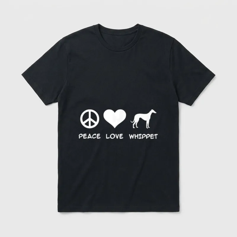 Peace Love Whippet T-Shirt – Weißes Peace-Symbol, Herz und Whippet-Silhouette mit Text – Klassisches T-Shirt in Schwarz