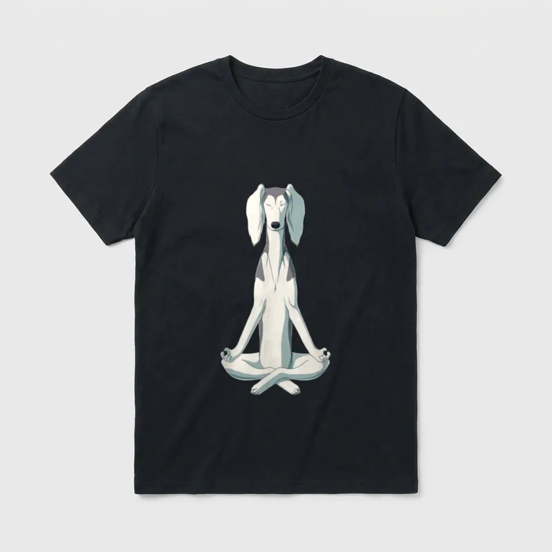 Witziges Yoga Hund Saluki T-Shirt – Saluki Hund in Lotus-Yoga-Pose mit geschlossenen Augen – Klassisches T-Shirt in Schwarz