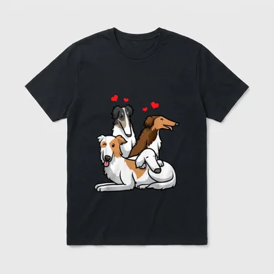 Barsoi Hund T-Shirt – Drei cartoonartige Barsoi Hunde mit roten Herzen über dem Kopf – Klassisches T-Shirt in Schwarz
