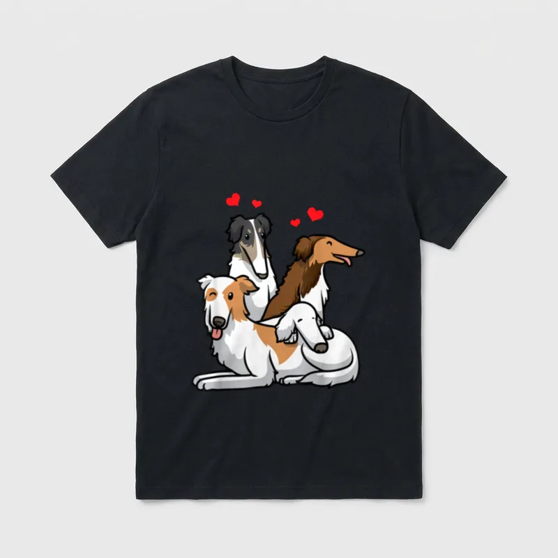 Barsoi Hund T-Shirt – Drei cartoonartige Barsoi Hunde mit roten Herzen über dem Kopf – Klassisches T-Shirt in Schwarz