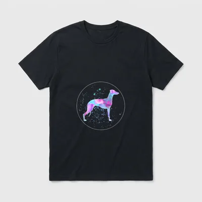 Whippet T-Shirt 0216 – Wasserfarbiger Whippet in Blau und Pink vor grauem Hintergrund – Klassisches T-Shirt in Schwarz