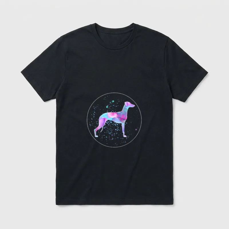 Whippet T-Shirt 0216 – Wasserfarbiger Whippet in Blau und Pink vor grauem Hintergrund – Klassisches T-Shirt in Schwarz