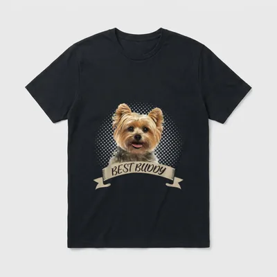 Yorkshire Terrier Hund Herrchen T-Shirt – Yorkshire Terrier Porträt mit BEST BUDDY Banner – Klassisches T-Shirt in Schwarz