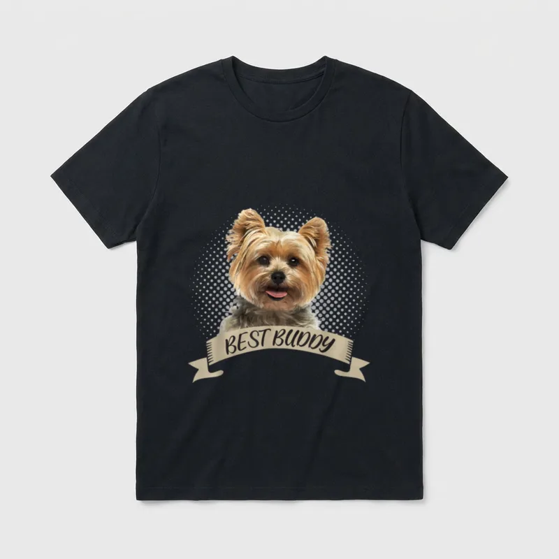 Yorkshire Terrier Hund Herrchen T-Shirt – Yorkshire Terrier Porträt mit BEST BUDDY Banner – Klassisches T-Shirt in Schwarz